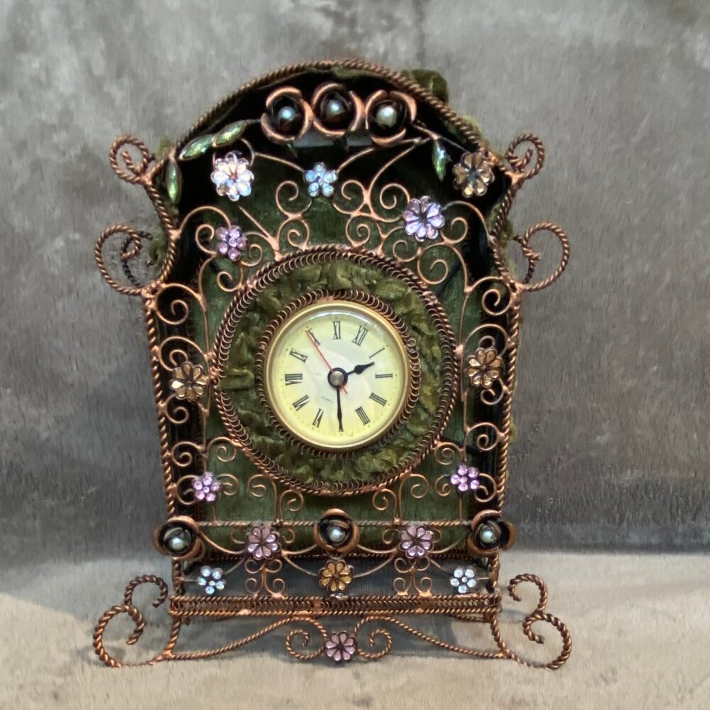 Wayne M. Kleski Viintage Victorian Clock Velvet, Metal, Floral Embellishment